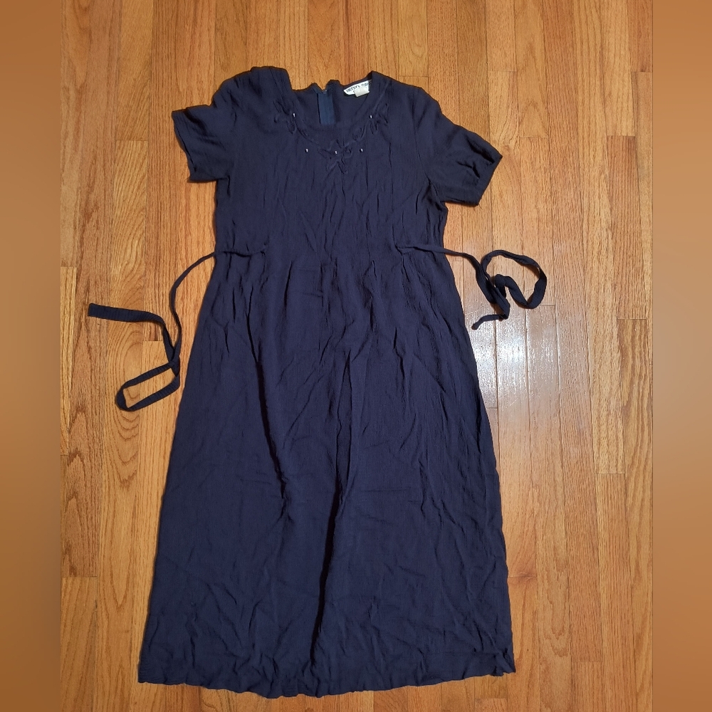 Pick 3/$10⭐ Vtg Betsy's Things Rayon Midi Everyday Dress, Women's 8, Navy Blue